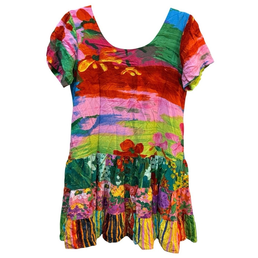Vintage Jams World Dress Hattie 90s Tropical Floral Artsy Cruise Ruffle Size XS